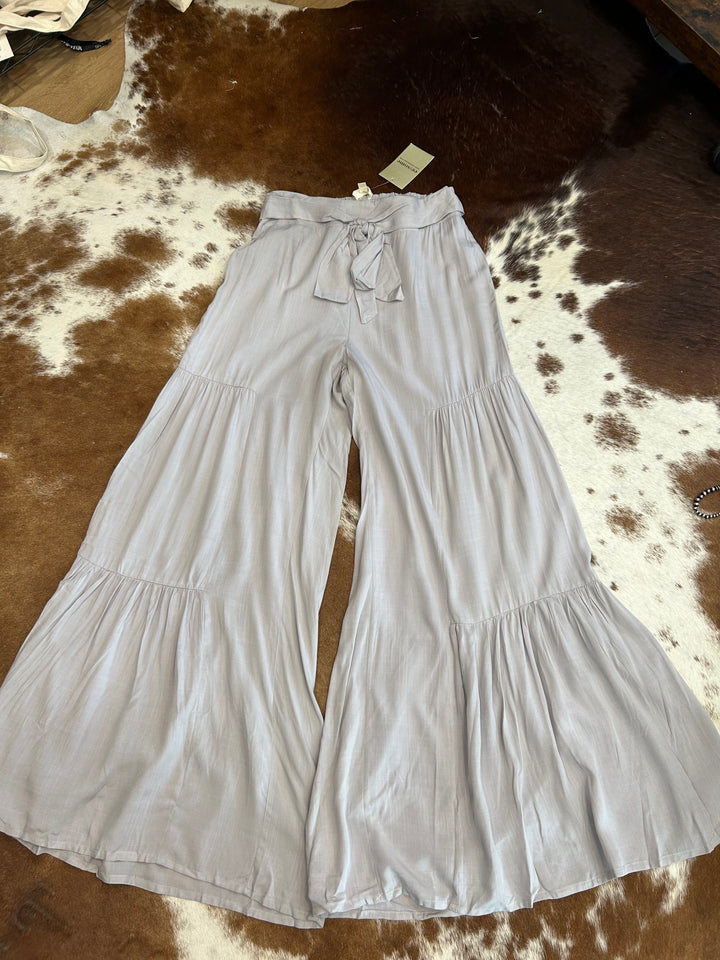 Gray Tiered Wide Leg Ruffle Pants