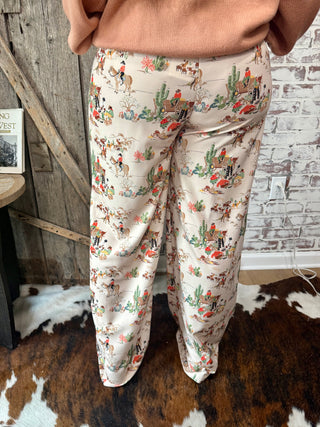 Western Cowboy Print Wagon Train Wide Leg Trousers – Women’s Vintage Rodeo Pants