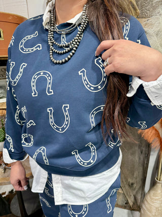 Lucky Horseshoe Lounge Set – Navy Western Print Sweatshirt & Pants