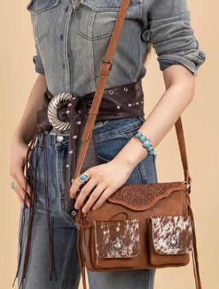 Trinity Ranch Brown Cowhide Concho Crossbody Purse
