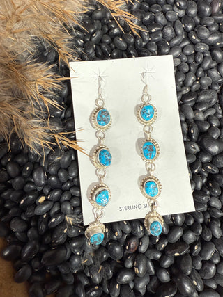 Donovan Nez 4 Stone Dangle Fish Hook Earrings -Kingman Turquoise