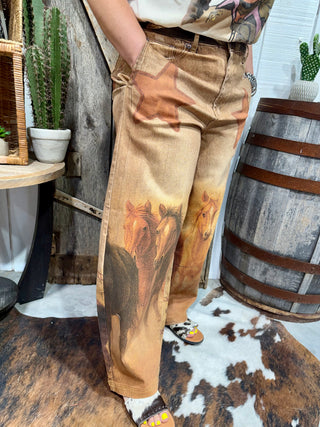 Howdy Cowboy Western Graphic Jeans | Vintage Horse & Rodeo Print High Waist Cowgirl Pants