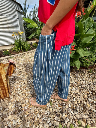 Side view Easel Stripe Washed Chambray Wide Leg Pants for Women | Blue Vertical Stripe Drawstring Pants