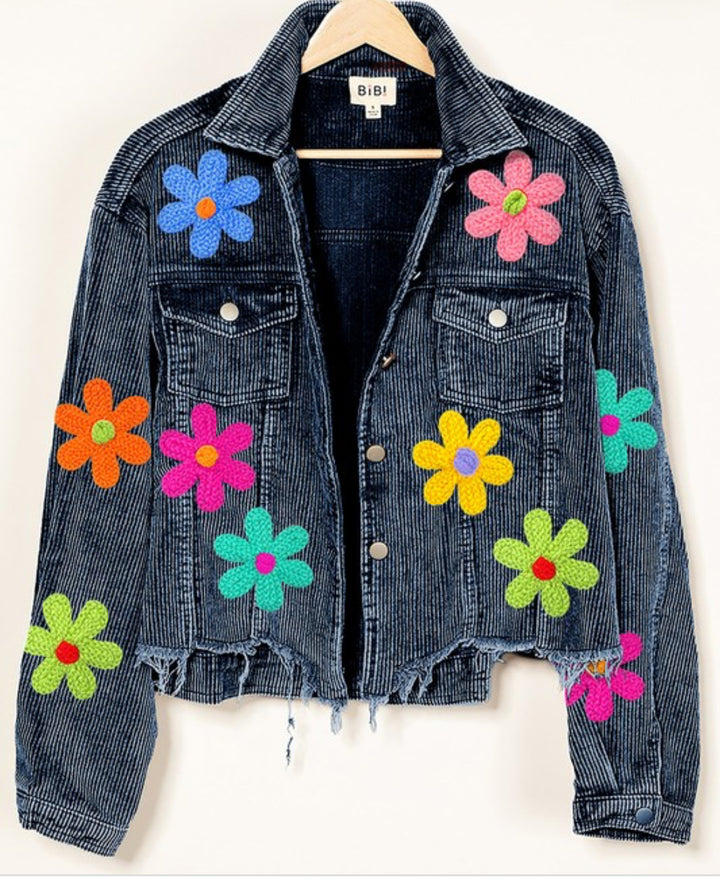 Distressed Corduroy Jacket with Multi Colored Flower Crochet Patches- Two Colors