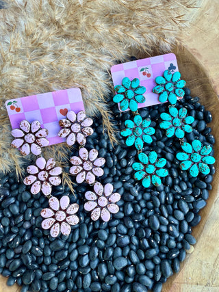 The Wynette 
Turquoise & Pink Flower Statement Clay Earrings – Western Cowgirl Dangle Jewelry