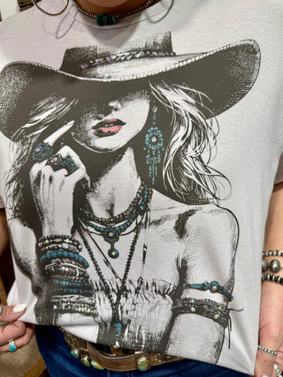 Western Turquoise Cowgirl Graphic Tee – Rhinestone Vintage Cowboy Hat Shirt