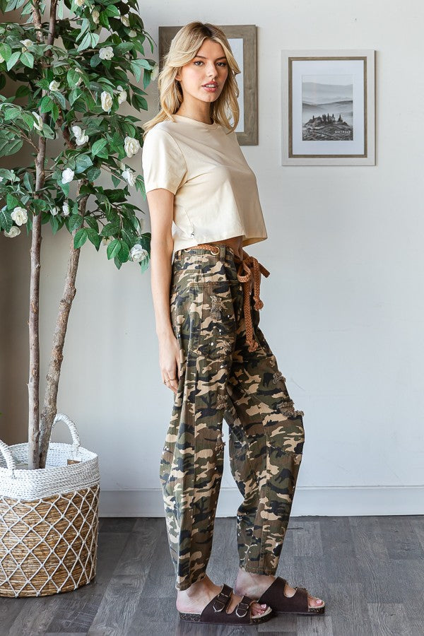 Washed Distressed & Paint Splashed Camo Barrel Jeans