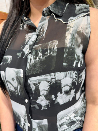 Up close 2 Fly Co Hereford Edit Collage Pearl Snap Top | Sheer Western Cow Print Button Down Sleeveless Top