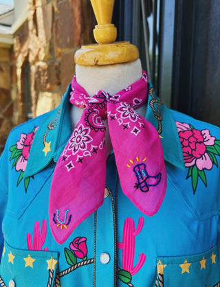 Giddy Up Wild Rag – Pink Western Bandana Scarf with Cowgirl Embroidery