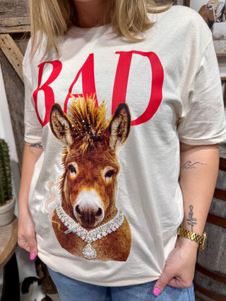 Western “Bad Ass” Donkey Graphic Tee – Rhinestone Donkey Shirt – Funny Cowgirl Graphic T-Shirt – Western Boutique Top