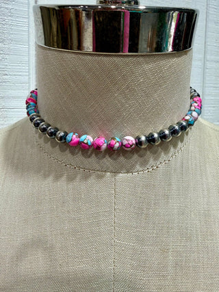 16” Cotton Candy Turquoise & Sterling Silver Pearl Choker – Western Pink Statement Necklace - Barbwire n Bougie Boutique
