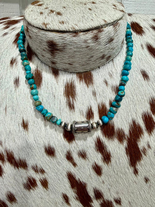 16” or 18” Kingman Turquoise & Sterling Silver Navajo Style Barrel Bead Choker Necklace - Barbwire n Bougie Boutique