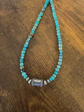 16” or 18” Kingman Turquoise & Sterling Silver Navajo Style Barrel Bead Choker Necklace - Barbwire n Bougie Boutique