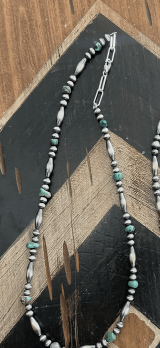 16” Turquoise & Sterling Silver Torpedo Navajo Style Pearl Necklace | Western Layering Essential - Barbwire n Bougie Boutique