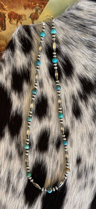 16” Turquoise & Sterling Silver Torpedo Navajo Style Pearl Necklace | Western Layering Essential - Barbwire n Bougie Boutique