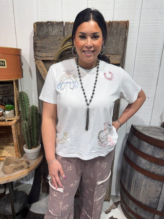 White Western Embroidered Graphic Tee | Cowgirl Casual T-Shirt