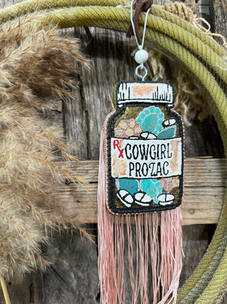 Cowgirl Prozac Car Freshie – Western Prescription Bottle with Turquoise Jewelry & Fringe