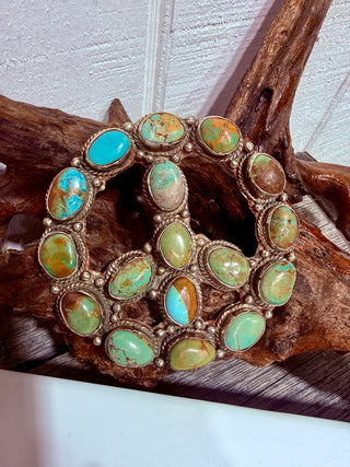 Large German Silver Kingman Turquoise Peace Sign Belt Buckle