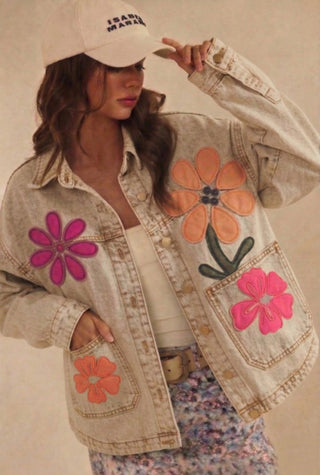 Flower Child Oversized Denim Flower Appliqué Jacket