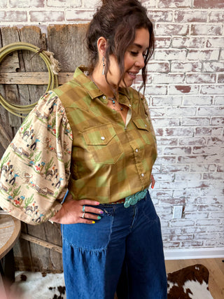 Rodeo Belle Buffalo Plaid Retro Pearl Snap Top