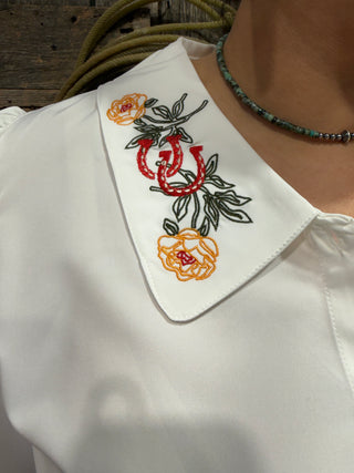 White Western Embroidered Horseshoe Blouse | Cowgirl Button-Up Top
