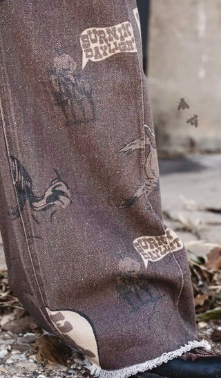 2 Fly Co Chatty Cowboy Wide Leg Front Seam Trousers | Retro Western Graphic Print Jeans