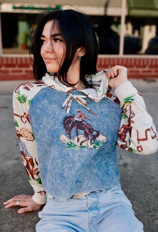 Vintage Ranch Cropped Hoodie – Western Cowboy Print Pullover-2Fly Co