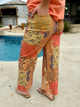 Back of Autumn Patchwork Wide Leg Pants | Boho Vintage Print Cropped Trousers