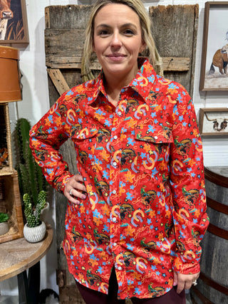 Red Yeehaw Cowgirl Print Pearl Snap Shirt