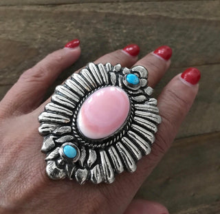 Pink Conch & Kingman Turquoise Adjustable Ring | Western