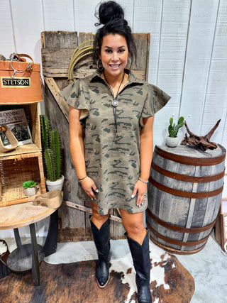 Camo Flutter Sleeve Western Dress with Bolo Tie Detail- Plus Size Too!