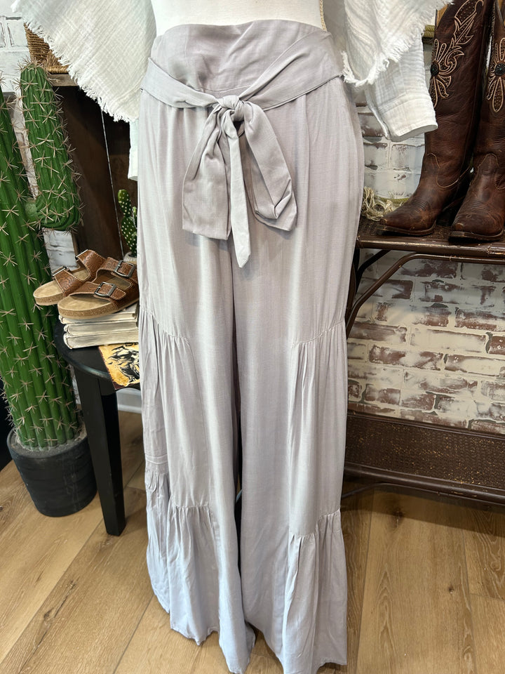 Gray Tiered Wide Leg Ruffle Pants