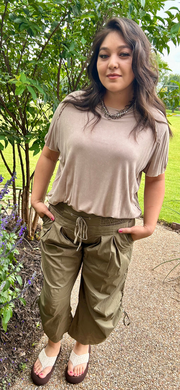 Olive Baggy Side Cinch Capris