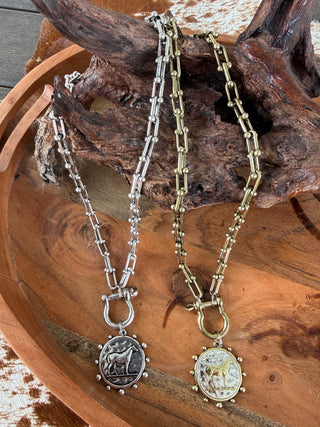 Horse Coin Stirrup Necklace – Western Chain Necklace, Equestrian Jewelry, Rustic Statement Piece- Gold Or Silver