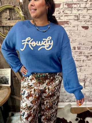 Blue Howdy Western Graphic Bell Sleeve Sweater – Cozy Cowgirl Pullover