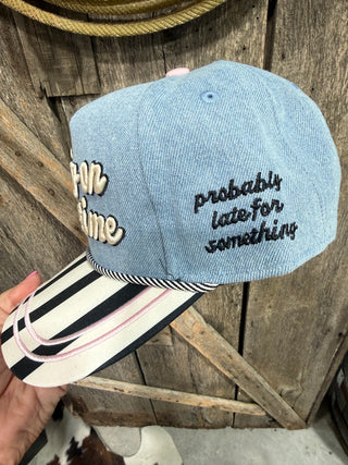 Running on Rodeo Time Western Trucker Hat | Vintage Denim & Striped Brim Cap