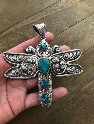 Turquoise Dragonfly Pendant | German Silver Statement Jewelry