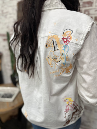 Yippee Ki Yay Embroidered Linen Blouse-White