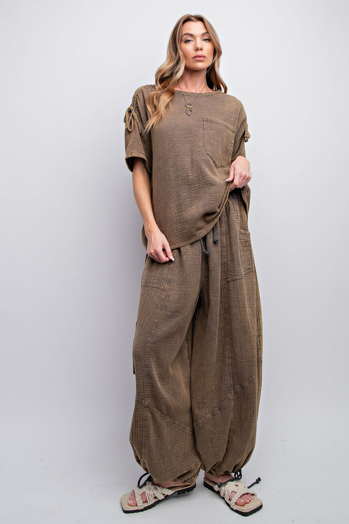 WASHED COTTON GAUZE DRAWSTRING PANTS