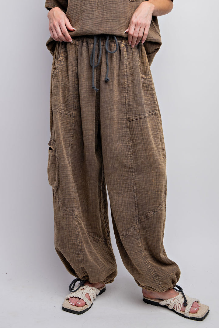 WASHED COTTON GAUZE DRAWSTRING PANTS