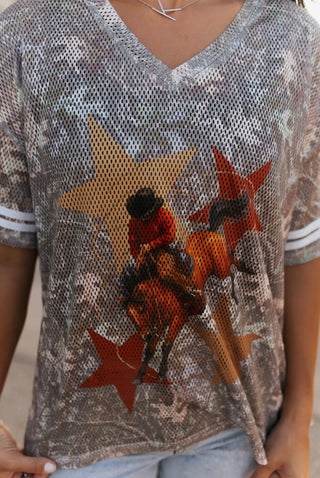 Western Rodeo Varsity Jersey Top – Camo Mesh Bucking Horse Graphic Cowgirl Tee