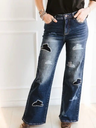 Lucky & Blessed Cowboy Hat Wide Leg Jeans | Mid Wash Western Patchwork Denim