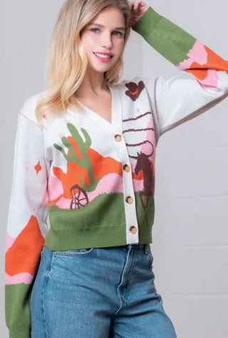 Western Desert Horse Cardigan Sweater | Beige Multi Cowboy Button-Up Knit