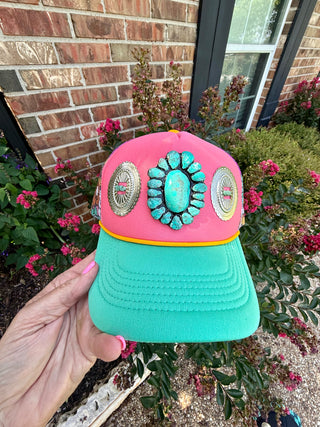 Sweet Summertime Coral & Turquoise Concho Trucker Hat | Western Mesh Snapback Cap