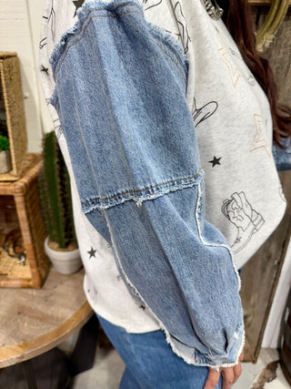 Denim Sleeve Wild West Graphic Sweatshirt