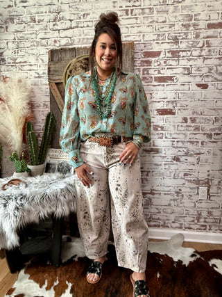 Howdy Cowboy Print Western Button-Down Blouse – Vintage Rodeo Cowgirl Shirt