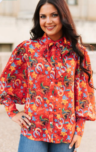 Red Yeehaw Bow Tie Western Top | Cowgirl Chic Blouse- Non Sheer