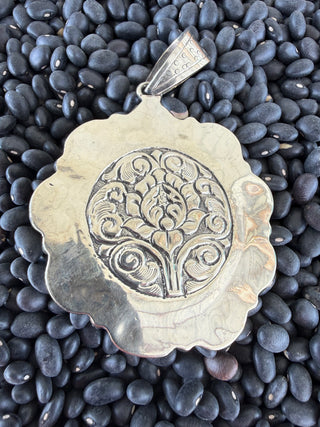 Pink Conch Rose & Kingman Turquoise Tibetan Pendant | Tibetan Silver Floral Statement Pendant