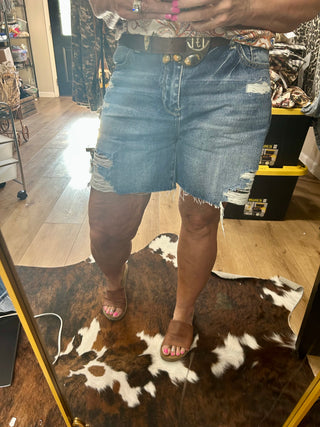 High Rise Relaxed Distressed Bermuda Shorts