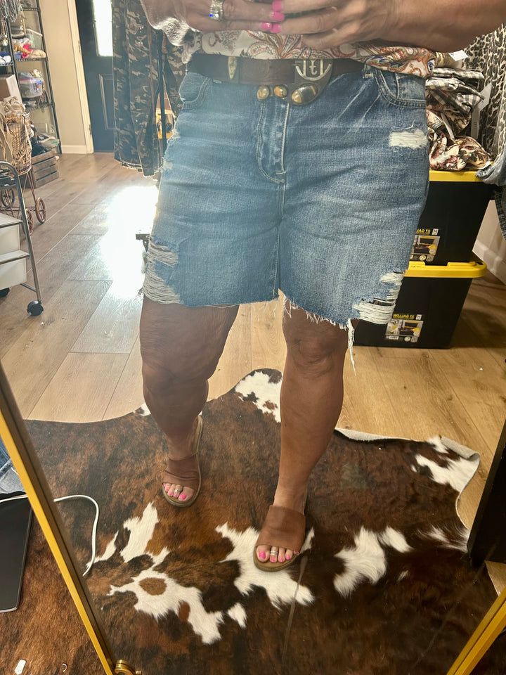 High Rise Relaxed Distressed Bermuda Shorts